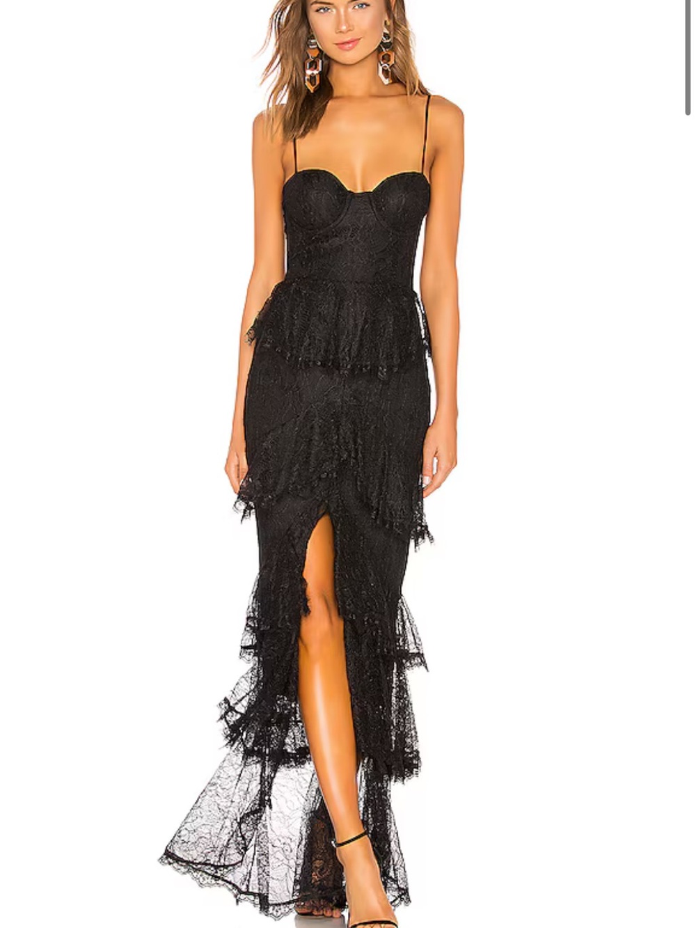MAJORELLE Black Lace High-Low Tiered Spaghetti-Strap Dress